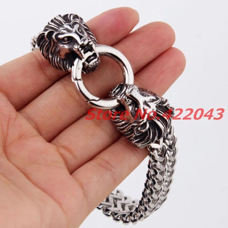316L Stainless Steel Silver Chain Bracelet Lion Heads Clasp Bangle