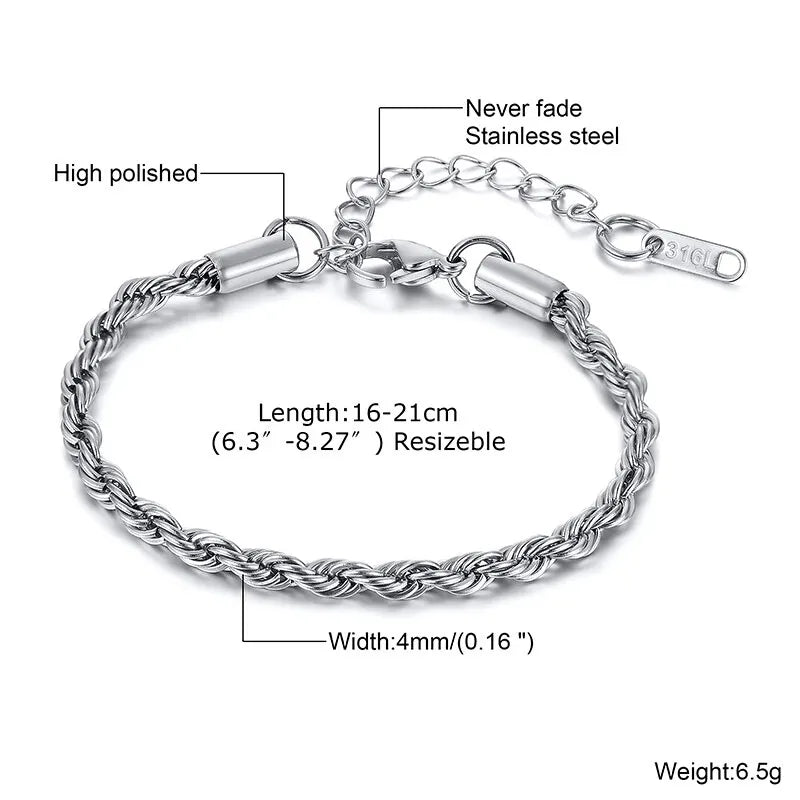 Mens Bracelet Rope Chain, Thin Mens Bracelet Link, Boys Bracelet Men