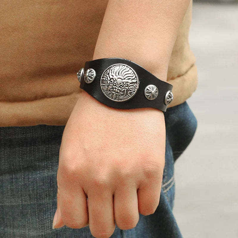 Dragon Studded Vintage Bracelet - Wide Leather for Men