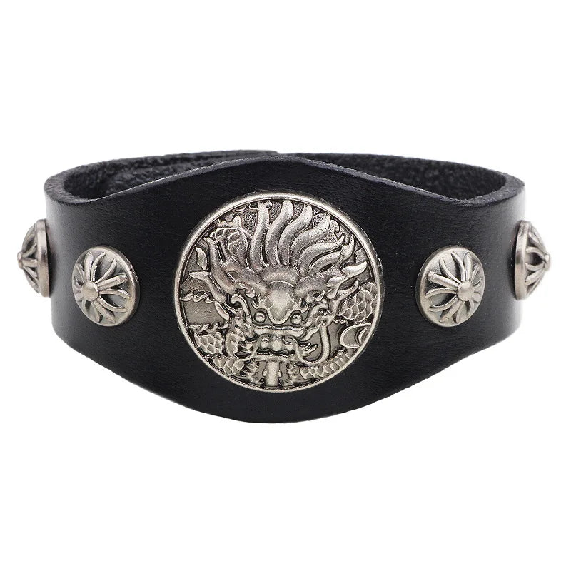 Dragon Studded Vintage Bracelet - Wide Leather for Men