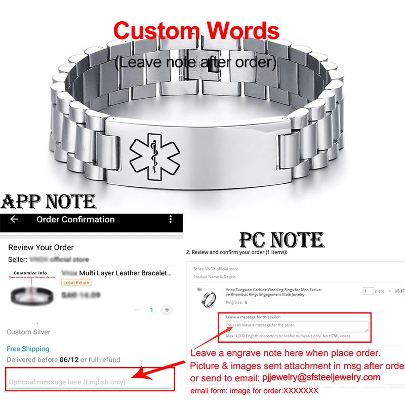Mens Chunky Medical Alert ID Bracelets Stainless Steel Engrave Name