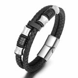 Double Braided Leather Bracelet with Steel Ornaments