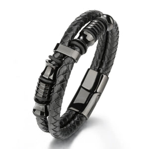 Double Braided Leather Bracelet with Steel Ornaments
