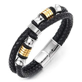 Double-Row Braided Leather Bracelet with Stainless Steel Ornaments