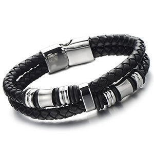 Double-Row Braided Leather Bracelet with Stainless Steel Ornaments