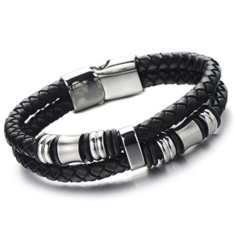 Double-Row Braided Leather Bracelet with Stainless Steel Ornaments