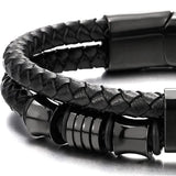 Double-Row Braided Leather Bracelet with Stainless Steel Ornaments
