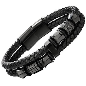Double-Row Braided Leather Bracelet with Stainless Steel Ornaments