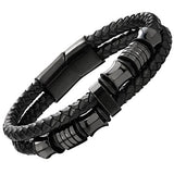 Double-Row Braided Leather Bracelet with Stainless Steel Ornaments