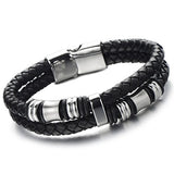 Double-Row Braided Leather Bracelet with Stainless Steel Ornaments