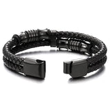 Double-Row Braided Leather Bracelet with Stainless Steel Ornaments