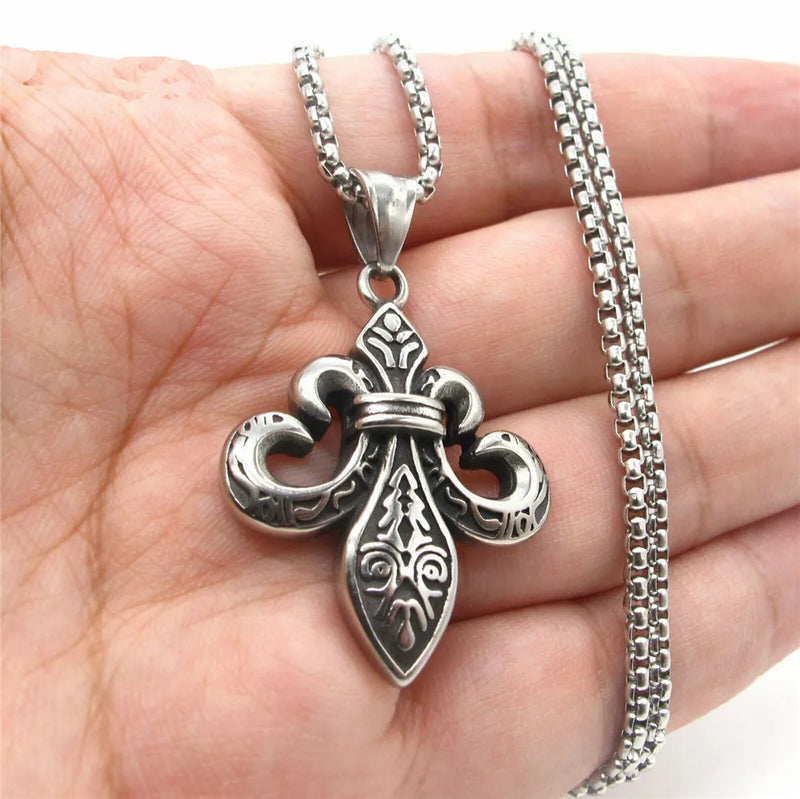 Mens Steel Fleur De Lis Pendant Necklace Chain