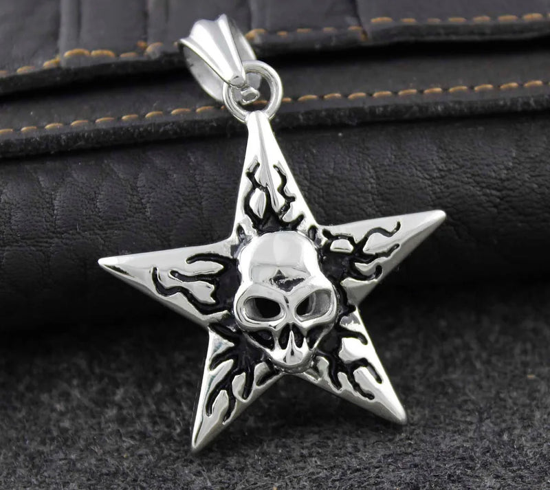 High Wiccan Pagan Star Flame Skull Men Pendant YU004