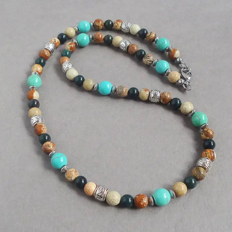 Green Magnesite Bloodstone Picture Jasper Stone Bead Necklace