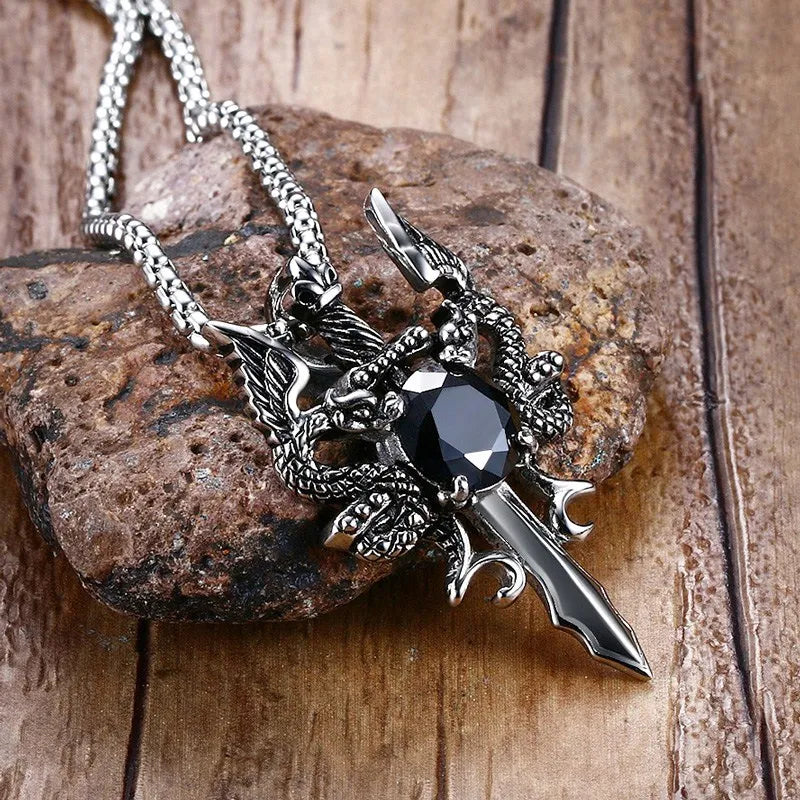 Dragon Cross Sword Pendant Necklace for Men Vintage Punk Jewelry