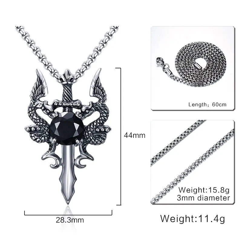 Dragon Cross Sword Pendant Necklace for Men Vintage Punk Jewelry