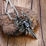 Dragon Cross Sword Pendant Necklace for Men Vintage Punk Jewelry