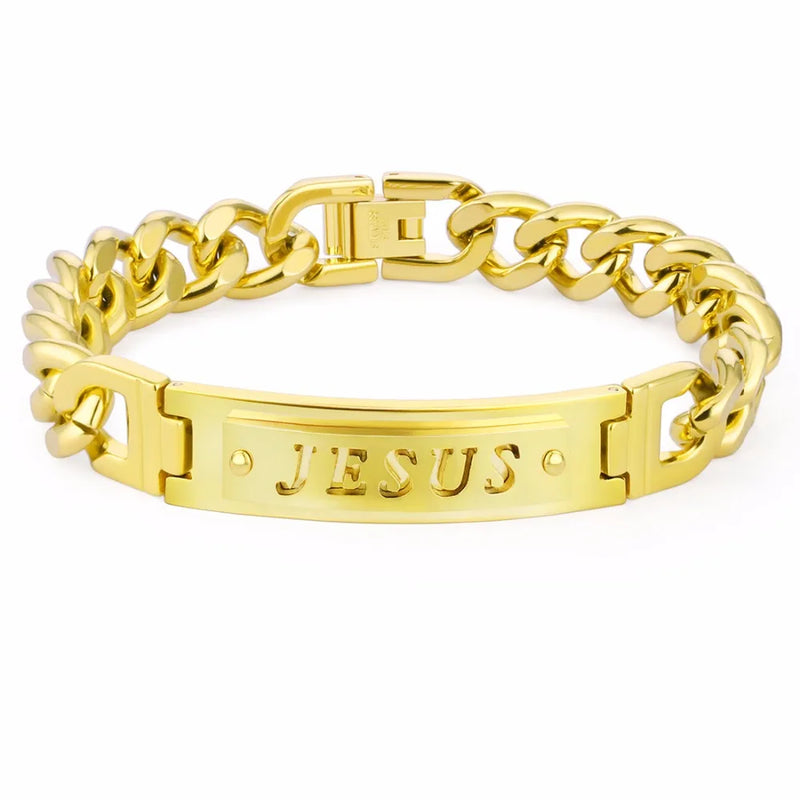 Stainless Steel Jesus Link Chain Bracelet Hombre Silver