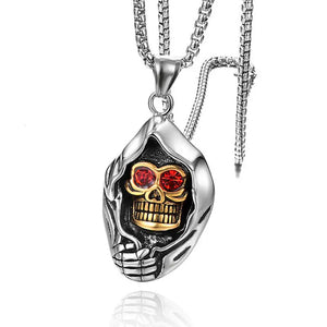 Stainless Steel Gothic Skull Pendant Necklace with Red Eye CZ