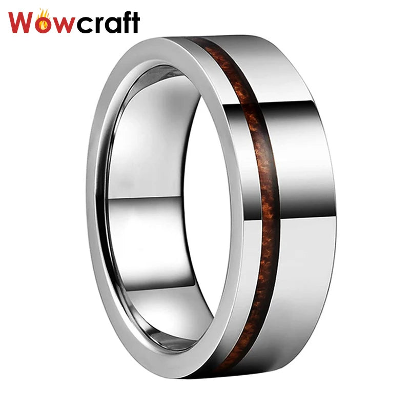 8mm Tungsten Carbide Ring with Wood Inlay Polished Comfort Fit