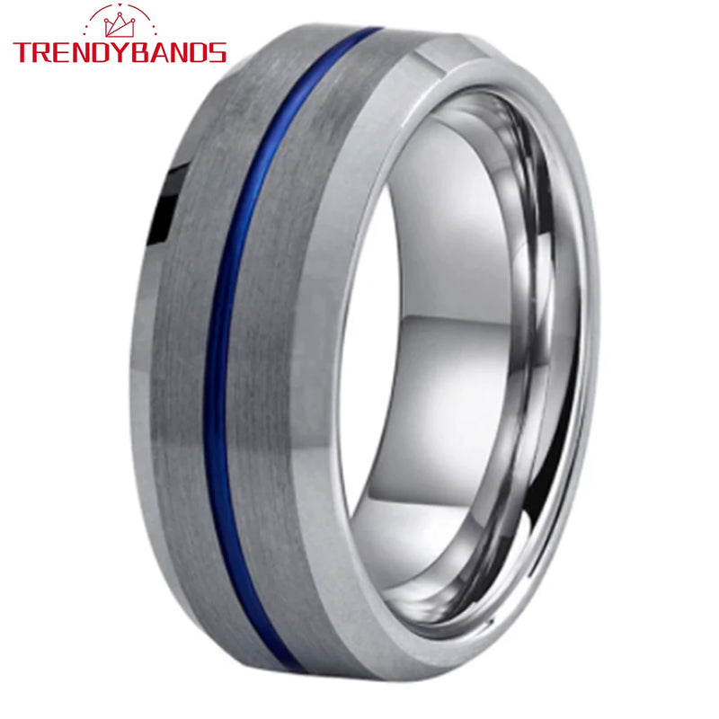 Tungsten Carbide Wedding Band 8mm Center Grooved Beveled Edges