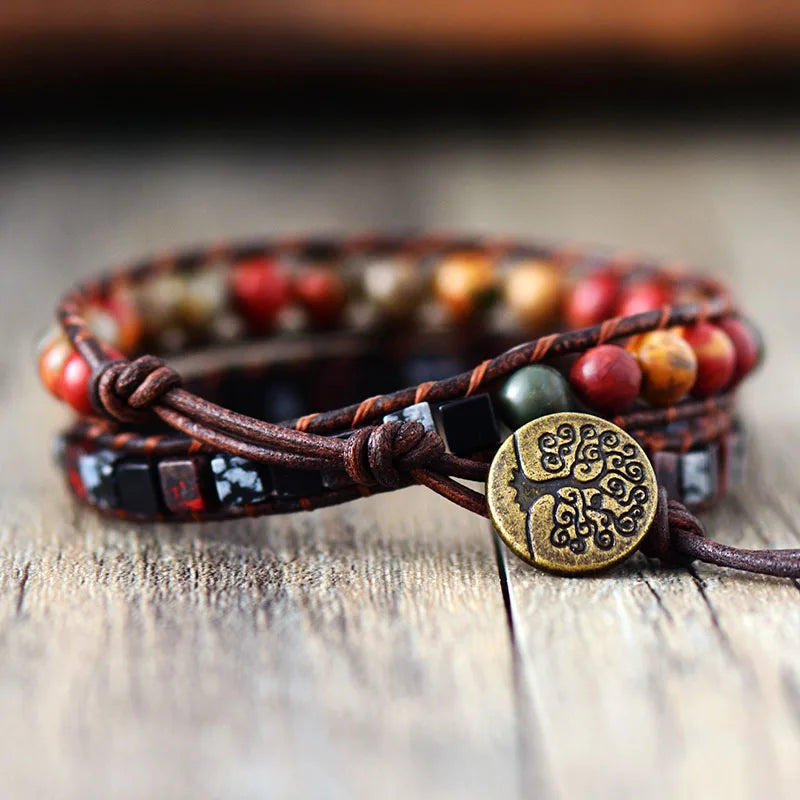 Men's Wrap Bracelets Vintage Natural Stone Leather Bead Statement Bracelet