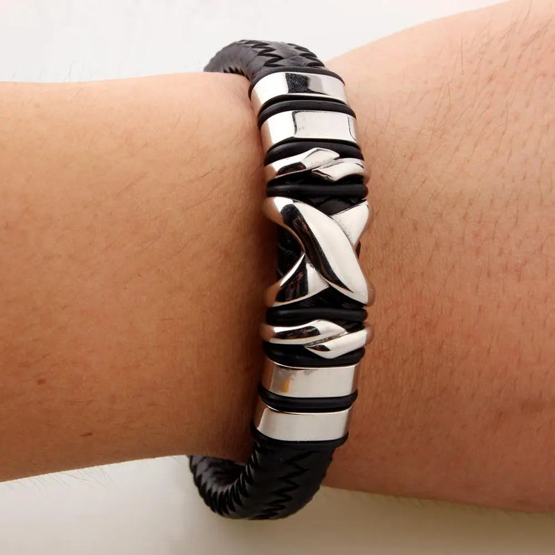Men's Leather Bracelet Magnetic Clasp Cowhide Wrap Pulseras