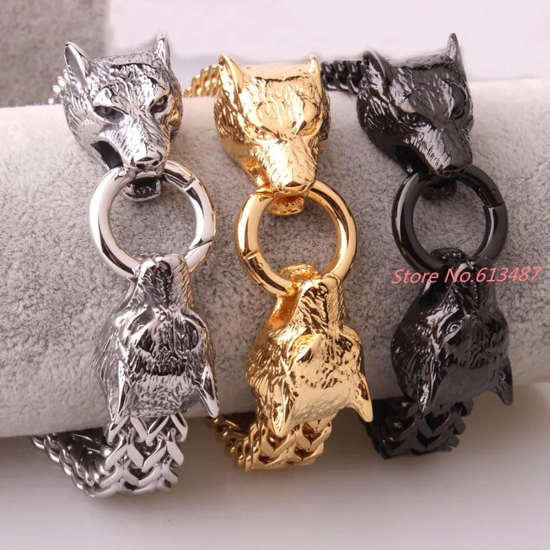 Men's Wolf Bracelet Stainless Steel Chain Link Silver Punk Jewelry