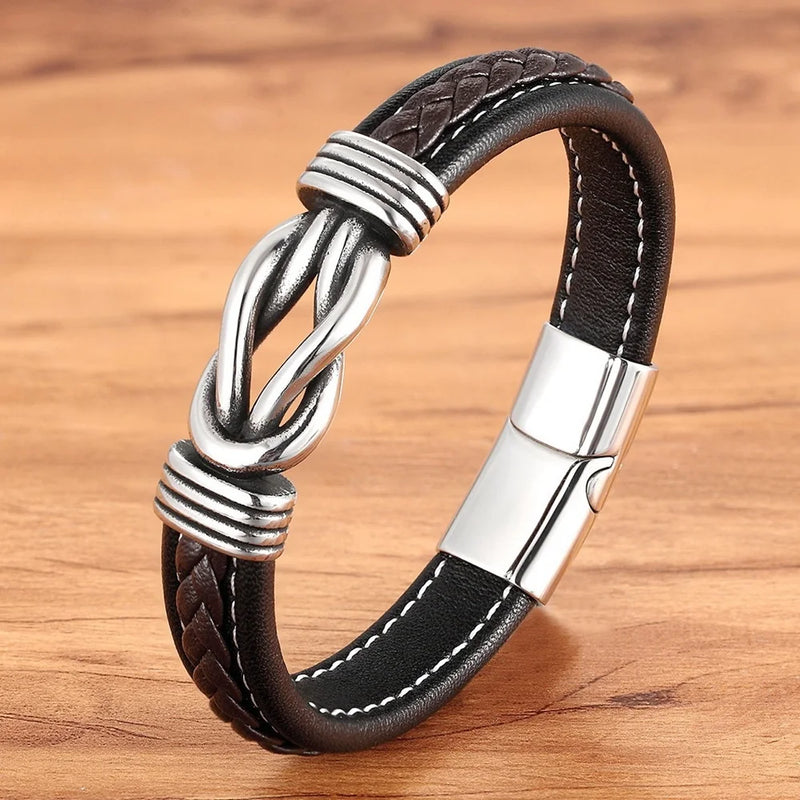 4-Color Leather Rope Bracelet Stainless Steel Woven Bracelet