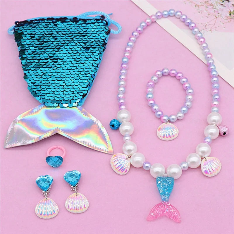 Mermaid Accessories Jewelry Set Sequins Purse Necklace Bracelet Earrings