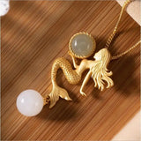 Mermaid Pendant Necklace Sterling Silver Plated Hetian Jade Gray Jade