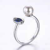 925 Silver Evil Eyes Pearl Ring Created Sapphire Open Band Women Girls