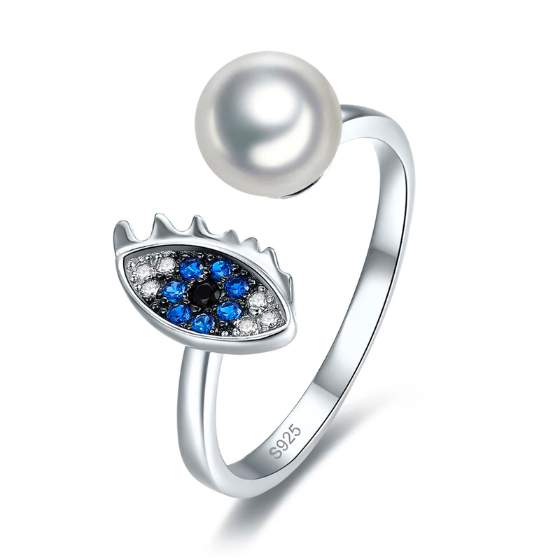 925 Silver Evil Eyes Pearl Ring Created Sapphire Open Band Women Girls