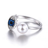 925 Silver Evil Eyes Pearl Ring Created Sapphire Open Band Women Girls