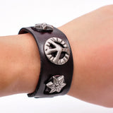 Hexagram Studded Wide Leather Bracelet Cuff Brown