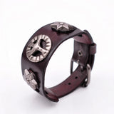 Hexagram Studded Wide Leather Bracelet Cuff Brown