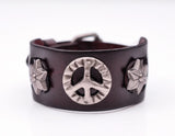 Hexagram Studded Wide Leather Bracelet Cuff Brown