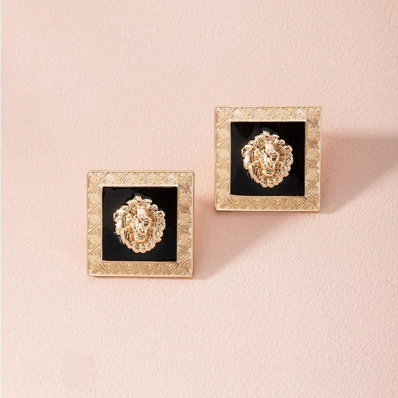 Enamel Square Lion Head Dangle Earring Metal Big Drop Earring