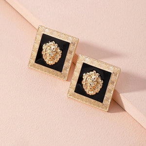 Enamel Square Lion Head Dangle Earring Metal Big Drop Earring