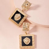 Enamel Square Lion Head Dangle Earring Metal Big Drop Earring