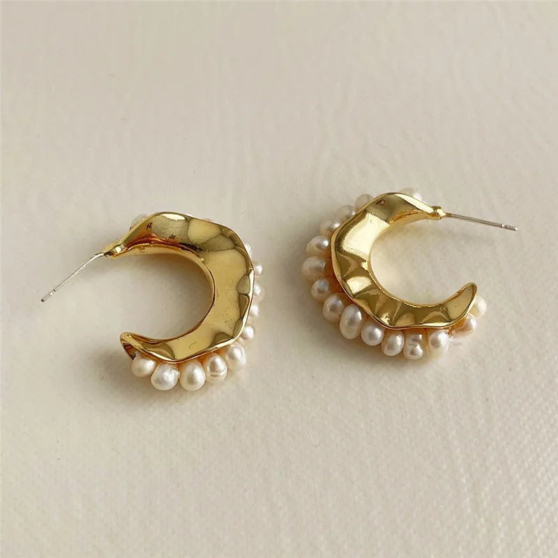 Silver Freshwater Pearl Earrings C Shape Hip-hop Punk