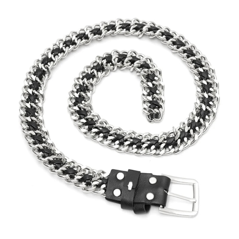 Metal Chain Leather Belt Silver Waistband for Dress Jeans Pants Woman