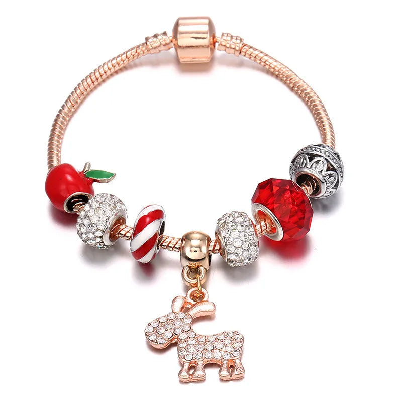 Metal Christmas Bracelet Red Crystal Snowman Elk Beads Women Jewelry