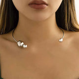 Metal Circle Asymmetrical Pearl Collar Necklace Silver Plating Jewelry