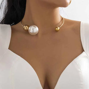 Metal Circle Asymmetrical Pearl Collar Necklace Silver Plating Jewelry