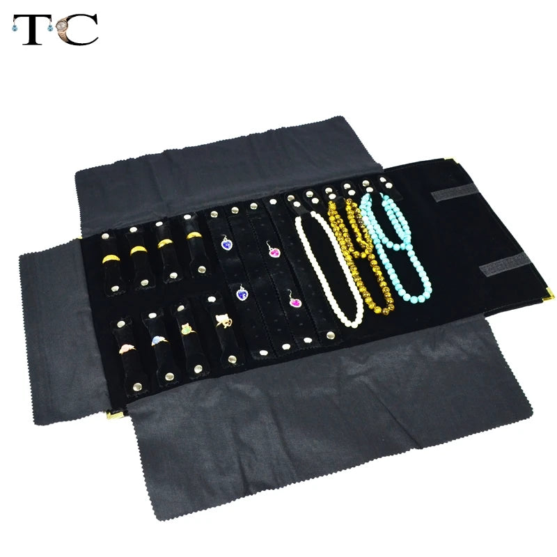 Metal Corner Jewelry Roll Bag Portable Carring Case Velvet Organizer