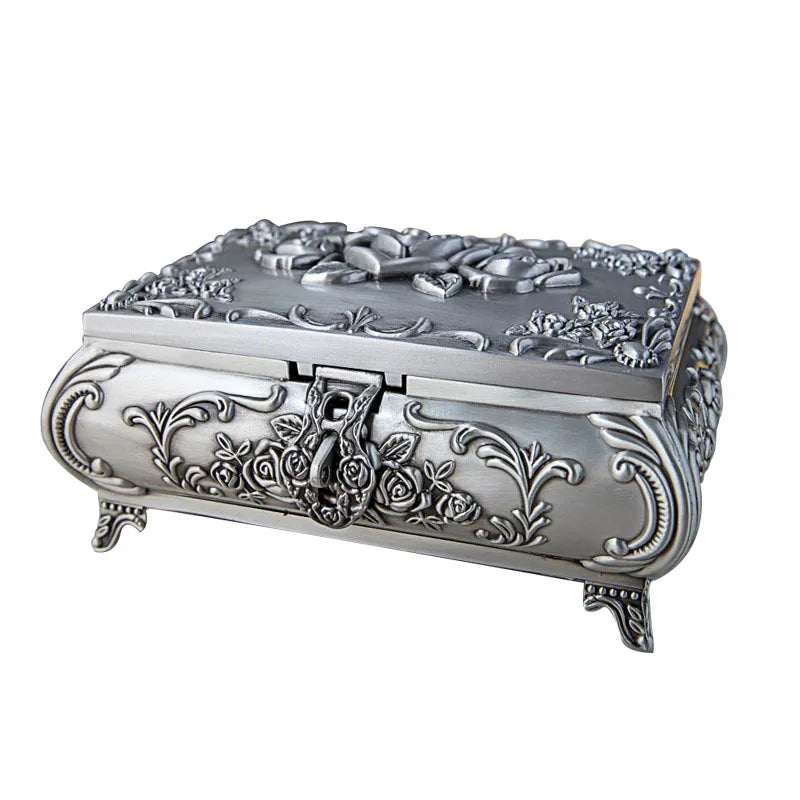 European Style Retro Silver Rose Pattern Vintage Zinc Alloy Jewelry Box