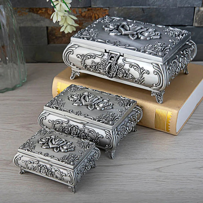 European Style Retro Silver Rose Pattern Vintage Zinc Alloy Jewelry Box