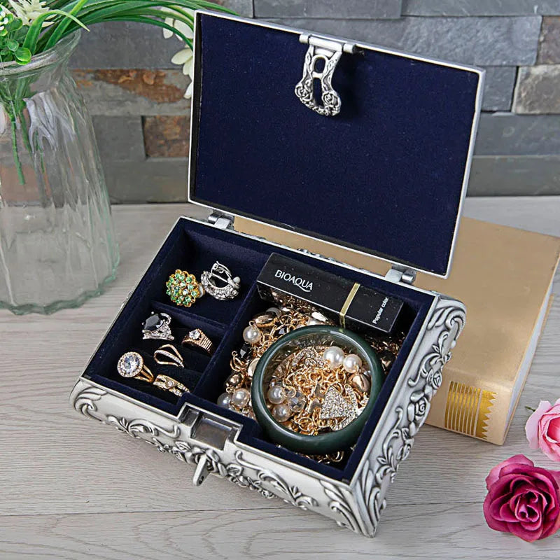 European Style Retro Silver Rose Pattern Vintage Zinc Alloy Jewelry Box