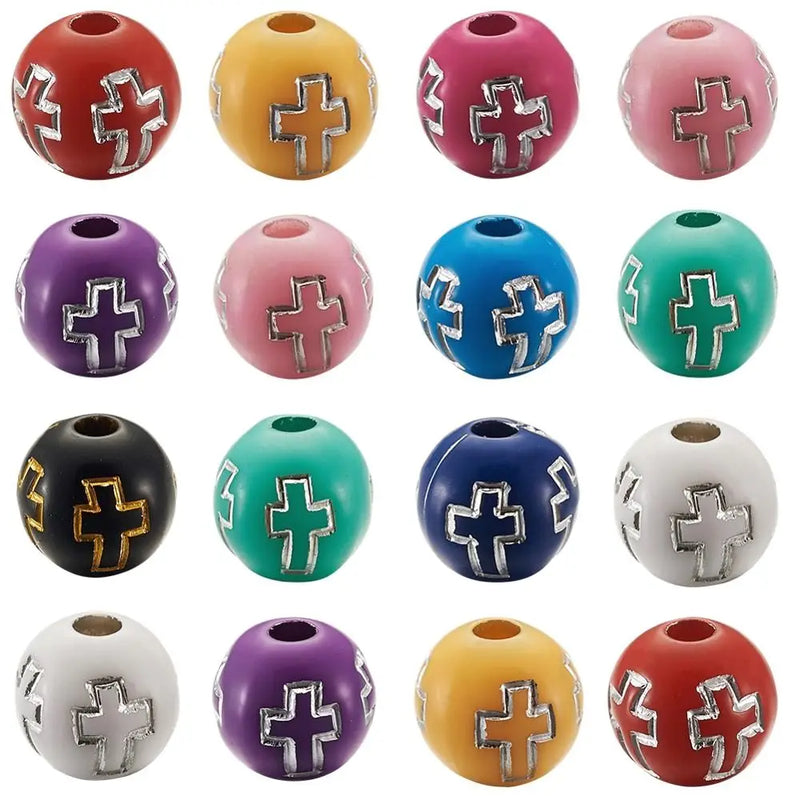 Metal Enlaced Plating Acrylic Beads 8mm Round Cross Mixed Color